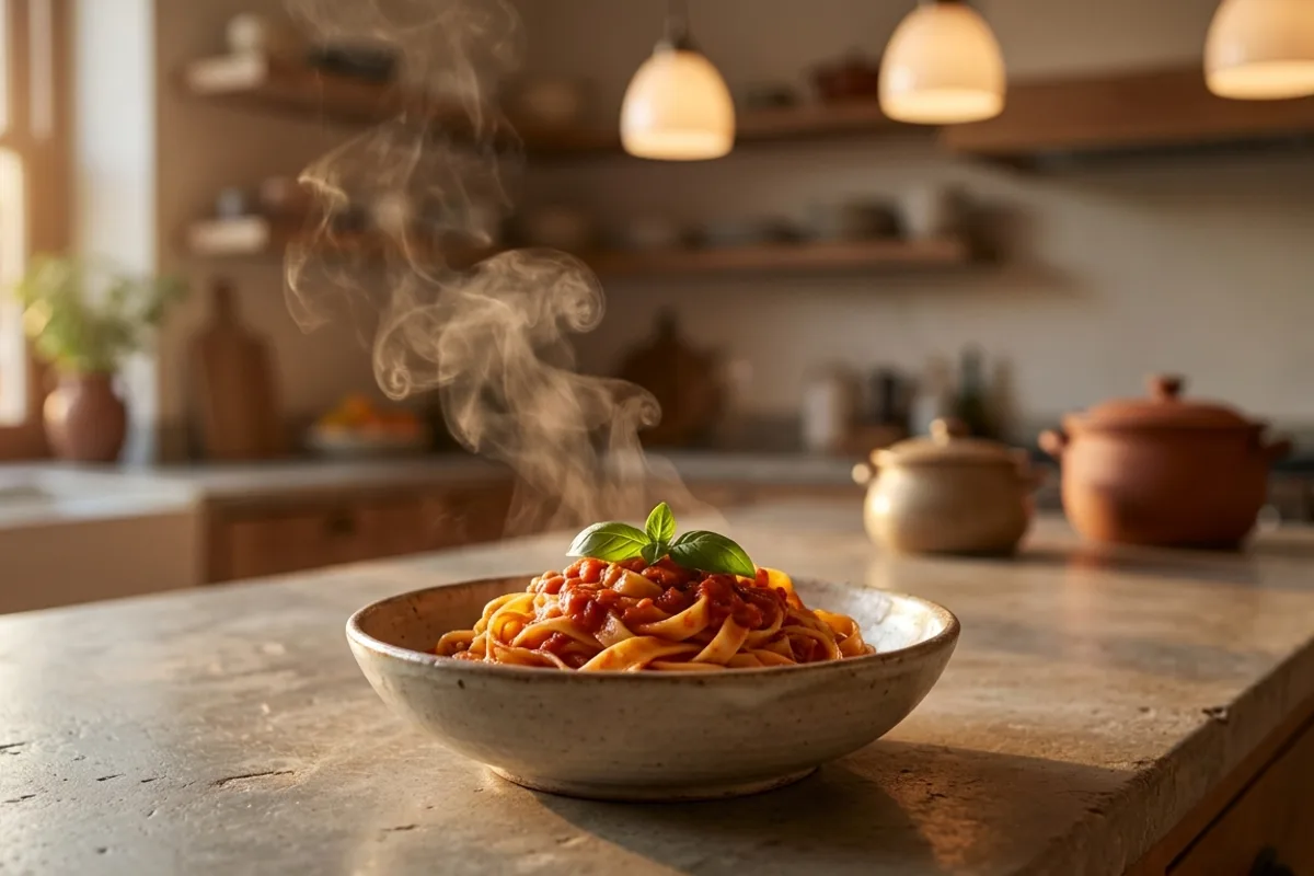 A steaming bowl of fresh pasta on a kitchen counter at dusk