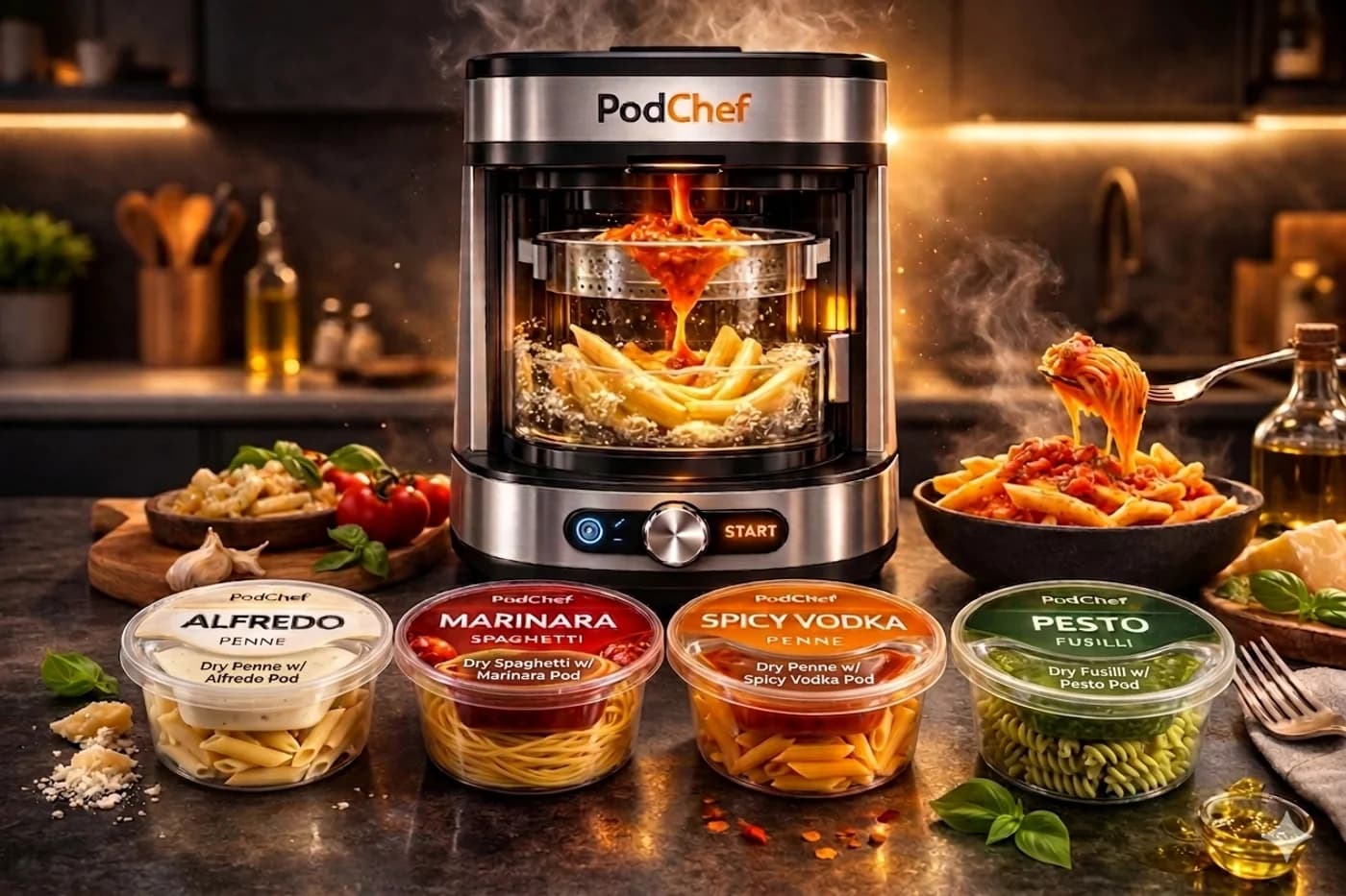 PodChef countertop appliance with Alfredo, Marinara, Spicy Vodka, and Pesto FoodPods